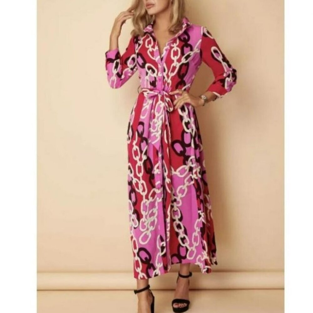 ZARA‎ Vibrant Pink Multicolored Chain Printed with Belt Midi Dress Size S